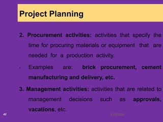 6/18/202042
Project Planning
2. Procurement activities: activities that specify the
time for procuring materials or equipment that are
needed for a production activity.
 Examples are: brick procurement, cement
manufacturing and delivery, etc.
3. Management activities: activities that are related to
management decisions such as approvals,
vacations, etc.
 