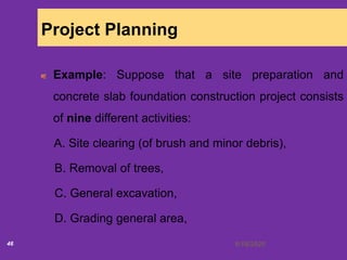 6/18/202046
Project Planning
Example: Suppose that a site preparation and
concrete slab foundation construction project consists
of nine different activities:
A. Site clearing (of brush and minor debris),
B. Removal of trees,
C. General excavation,
D. Grading general area,
 