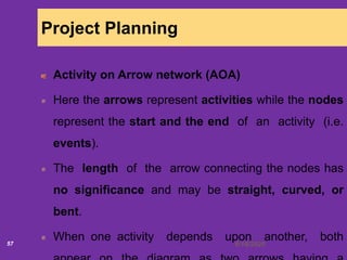 6/18/202057
Project Planning
Activity on Arrow network (AOA)
Here the arrows represent activities while the nodes
represent the start and the end of an activity (i.e.
events).
The length of the arrow connecting the nodes has
no significance and may be straight, curved, or
bent.
When one activity depends upon another, both
 