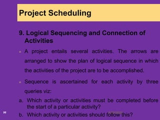 6/18/202096
Project Scheduling
9. Logical Sequencing and Connection of
Activities
A project entails several activities. The arrows are
arranged to show the plan of logical sequence in which
the activities of the project are to be accomplished.
Sequence is ascertained for each activity by three
queries viz:
a. Which activity or activities must be completed before
the start of a particular activity?
b. Which activity or activities should follow this?
 