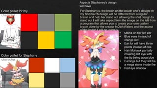 For Stephany’s, the braxin on the couch who's design on
my first merch design will be different from a regular
braxin and help her stand out allowing the shirt design to
stand out I will take aspect from the image on the left from
a program that allows you to create your own custom
braxin done by the creator InDarkWaters and the aspect
of the image I will be using is.
Color pallet for my
character
Color pallet for Stephany
character
Aspects Stephaney's design
will have
• Marks on her left ear
• Blue eyes instead of
orange red
• Ear fur will have three
points instead of one
• Hair Mohawk partially
covering left eye with
the tip being aqua blue
• Earrings but they will be
a mega stone inside fire
• Red eye shadow
 