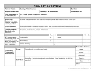 Project Overview Name of Project:Building a Modal StructureDuration:  Subject/Course: MathTeacher(s): Mr. ViDemantayGrade Level: 6thOther subject areas to be included, if any:Art, English, possible Earth Science and HistoryProject Idea Summary of the issue, challenge, investigation, scenario, or problem:Students use perimeter and area to build a model that would fit in to a space in the school yard. Driving QuestionWhat would you add to this school to make it cooler? How accurate do you have to be when building structuresContent and Skills Standards to be addressed:Fractions, surface area, shape dimensions                                                                                 T+AET+AE21st Century Skills to be explicitly taught and assessed (T+A) or that will be encouraged (E) by project work, but not taught or assessed:CollaborationOther:Presentation Critical Thinking:            Presentation Audience:Culminating Products and PerformancesGroup:Finished model presented to the principle.Class:School:Community:Individual:Journal or Prezi presenting their contributions? Essay answering the driving question?Experts:Web:Other:Project Overview Entry event to launch inquiry, engage students: Go out to school yard and ask students if they could build something to occupy the space to improve the school what would it be.AssessmentsFormative Assessments(During Project)Quizzes/TestsPractice PresentationsJournal/Learning LogNotesPreliminary Plans/Outlines/PrototypesChecklistsRough DraftsConcept MapsOnline Tests/ExamsOther:Summative Assessments(End of Project)Written Product(s), with rubric: __________________________________________________Other Product(s) or Performance(s), with rubric:__________________________________________________Oral Presentation, with rubricPeer EvaluationMultiple Choice/Short Answer Test Self-EvaluationEssay TestOther:.ResourcesNeededOn-site people, facilities:Architect Equipment:Tools for model building and blue print makingMaterials:Materials for building modelsCommunity resources:ReflectionMethods(Individual, Group, and/or Whole Class)Journal/Learning LogFocus GroupWhole-Class DiscussionFishbowl DiscussionSurveyOther:<br />Project Teaching and Learning GuideProject:Course/Semester:Knowledge and Skills Needed by Studentsto successfully complete culminating products and performances, and do well on summative assessmentsScaffolding / Materials / Lessons to be Provided by the project teacher, other teachers, experts,mentors, community membersLearn to use a compass In class lessonFinding area and perimeter and surface areaIn class lessonLearning google docs as a collaboration toolComputer LabCreating blueprints , models and other architectural concernsGuest speaker<br />PROJECT CALENDARproject: Start Date:WEEK 1WEEK 2WEEK 3WEEK 4EXTRAPROJECT MONTH ONEExplore space outside where something may be included, ask what may be addedOverview of  measurements of rectanglesTheme-ing using excel assignment, coordinate pointsRevisit space breaking it into coordinate, explore blue prints, get architect to explain what goes into putting up a structurePROJECT MONTH TWOCreating proposals and understanding audience.Area of circles Understanding structures and weight.Building a bridge.Explaining budget, percentage discount and sales taxes projections. Surveys for community.Data analysisPROJECT MONTH THREEArchitect comes back to give pointers on deciding materials and other environmental considerations.Model draft 1Model draft 2Present models to School Decision Committee <br />