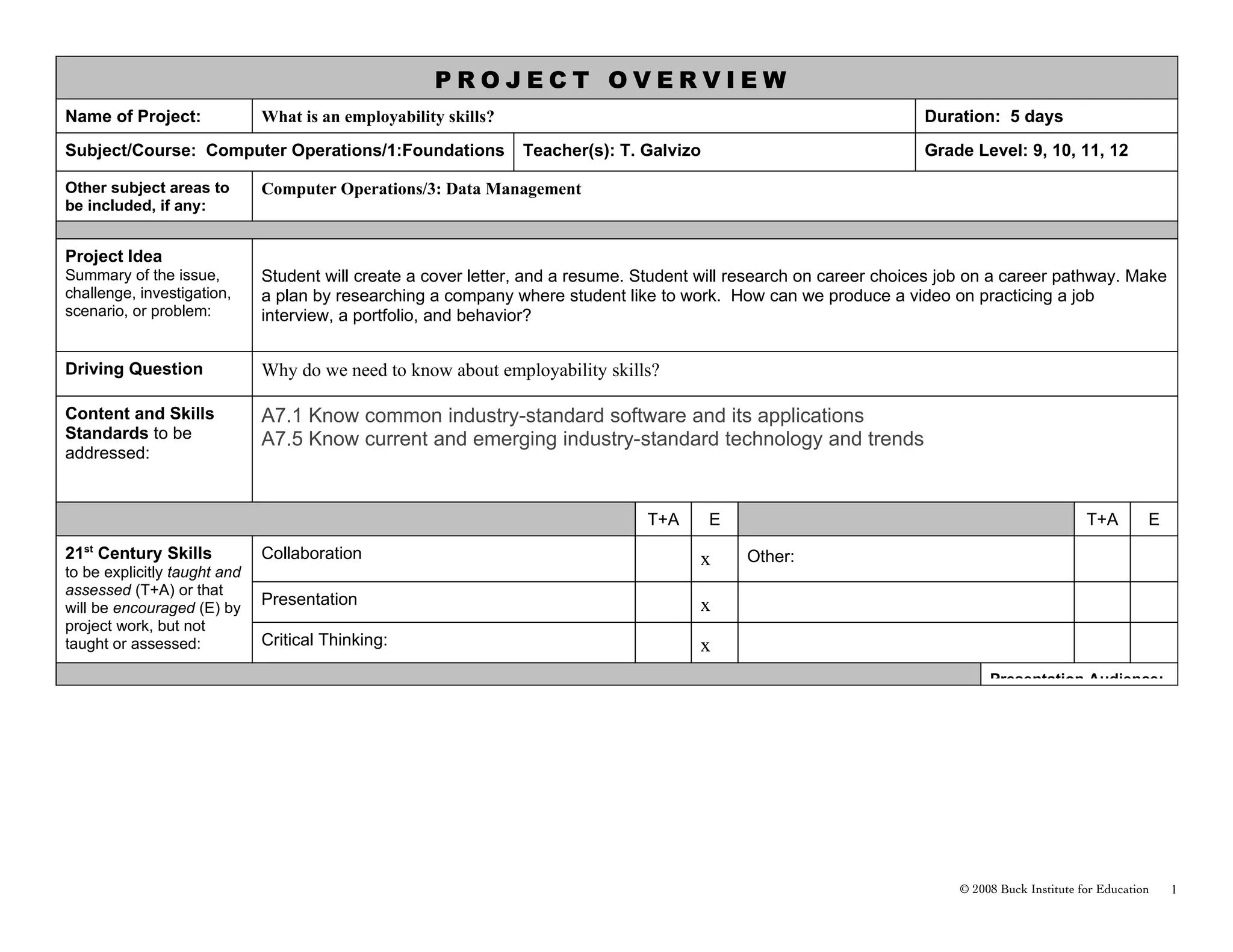 PROJECT OVERVIEW
Name of Project:              What is an employability skills?                                                       Duration: 5 days
Subject/Course: Computer Operations/1:Foundations                Teacher(s): T. Galvizo                              Grade Level: 9, 10, 11, 12

Other subject areas to        Computer Operations/3: Data Management
be included, if any:


Project Idea
Summary of the issue,         Student will create a cover letter, and a resume. Student will research on career choices job on a career pathway. Make
challenge, investigation,     a plan by researching a company where student like to work. How can we produce a video on practicing a job
scenario, or problem:         interview, a portfolio, and behavior?


Driving Question              Why do we need to know about employability skills?

Content and Skills            A7.1 Know common industry-standard software and its applications
Standards to be               A7.5 Know current and emerging industry-standard technology and trends
addressed:


                                                                                T+A       E                                                     T+A        E
21st Century Skills           Collaboration                                            x      Other:
to be explicitly taught and
assessed (T+A) or that
will be encouraged (E) by
                              Presentation                                             x
project work, but not
taught or assessed:           Critical Thinking:                                       x
                                                                                                                              Presentation Audience:




                                                                                                                         © 2008 Buck Institute for Education   1
 