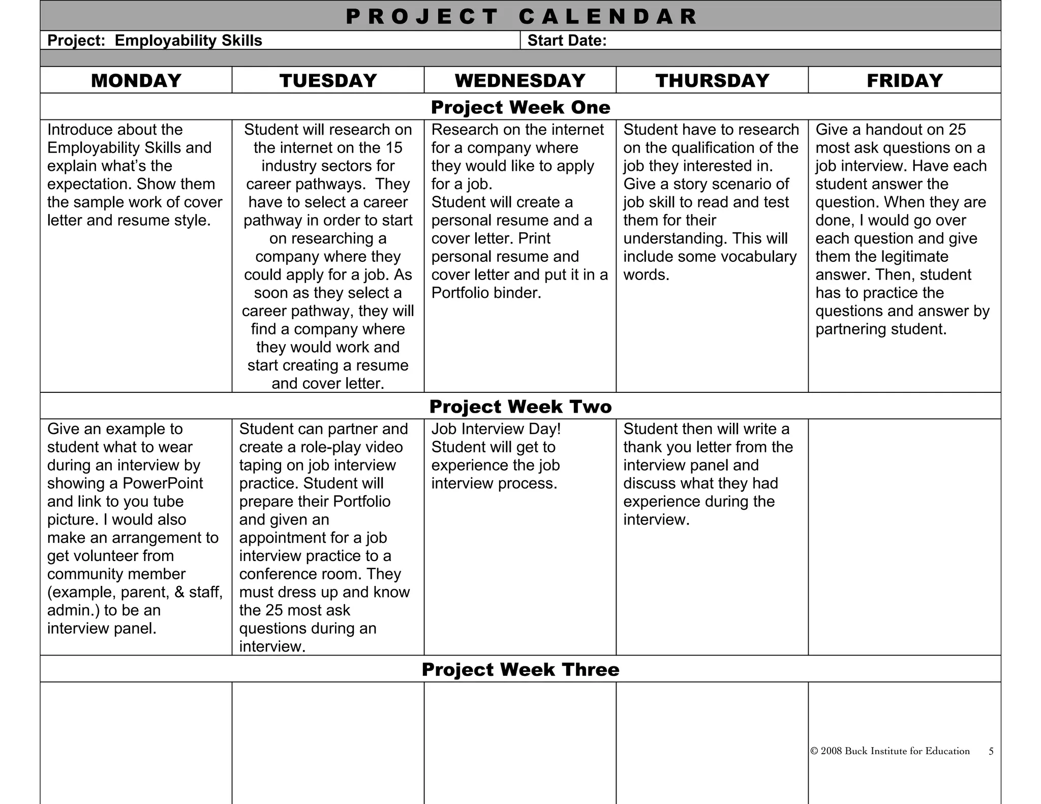 PROJECT                   CALENDAR
Project: Employability Skills                                           Start Date:

      MONDAY                      TUESDAY                  WEDNESDAY                        THURSDAY                              FRIDAY
                                                         Project Week One
Introduce about the          Student will research on    Research on the internet       Student have to research       Give a handout on 25
Employability Skills and        the internet on the 15   for a company where            on the qualification of the    most ask questions on a
explain what’s the                industry sectors for   they would like to apply       job they interested in.        job interview. Have each
expectation. Show them        career pathways. They      for a job.                     Give a story scenario of       student answer the
the sample work of cover      have to select a career    Student will create a          job skill to read and test     question. When they are
letter and resume style.     pathway in order to start   personal resume and a          them for their                 done, I would go over
                                    on researching a     cover letter. Print            understanding. This will       each question and give
                                company where they       personal resume and            include some vocabulary        them the legitimate
                             could apply for a job. As   cover letter and put it in a   words.                         answer. Then, student
                                soon as they select a    Portfolio binder.                                             has to practice the
                             career pathway, they will                                                                 questions and answer by
                               find a company where                                                                    partnering student.
                                 they would work and
                              start creating a resume
                                    and cover letter.
                                                         Project Week Two
Give an example to           Student can partner and     Job Interview Day!             Student then will write a
student what to wear         create a role-play video    Student will get to            thank you letter from the
during an interview by       taping on job interview     experience the job             interview panel and
showing a PowerPoint         practice. Student will      interview process.             discuss what they had
and link to you tube         prepare their Portfolio                                    experience during the
picture. I would also        and given an                                               interview.
make an arrangement to       appointment for a job
get volunteer from           interview practice to a
community member             conference room. They
(example, parent, & staff,   must dress up and know
admin.) to be an             the 25 most ask
interview panel.             questions during an
                             interview.
                                                         Project Week Three



                                                                                                                      © 2008 Buck Institute for Education   5
 