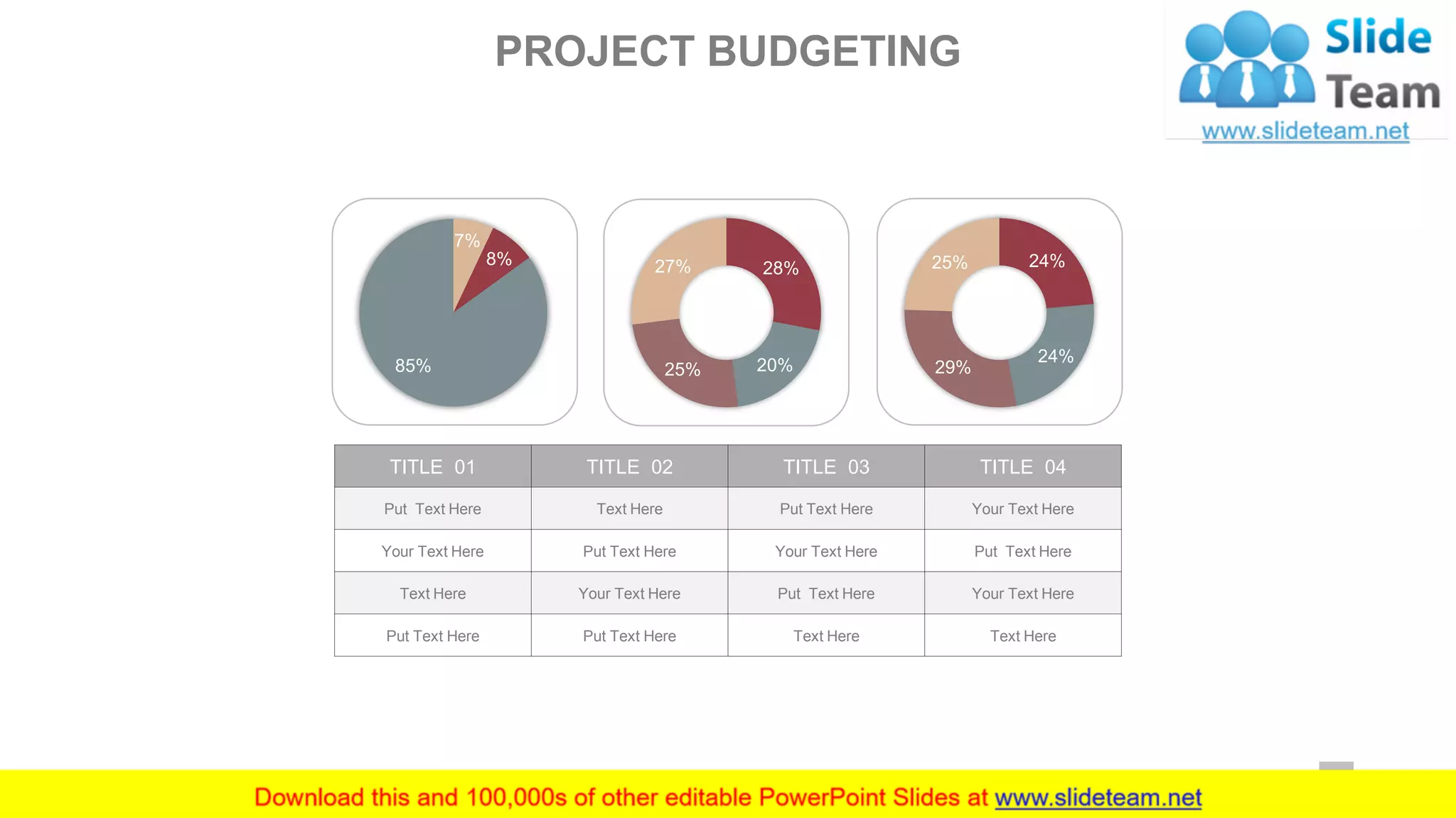TITLE 01 TITLE 02 TITLE 03 TITLE 04
Put Text Here Text Here Put Text Here Your Text Here
Your Text Here Put Text Here Your Text Here Put Text Here
Text Here Your Text Here Put Text Here Your Text Here
Put Text Here Put Text Here Text Here Text Here
7%
8%
85%
28%
20%25%
27% 24%
24%
29%
25%
PROJECT BUDGETING
38
 
