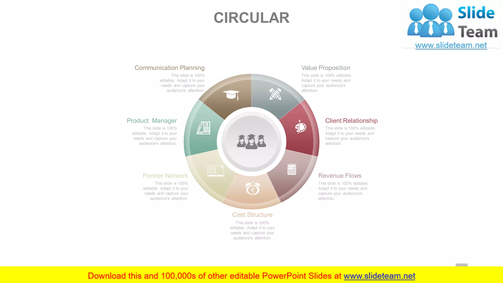 Cost Structure
This slide is 100%
editable. Adapt it to your
needs and capture your
audience's attention.
Revenue Flows
This slide is 100% editable.
Adapt it to your needs and
capture your audience's
attention.
Partner Network
This slide is 100%
editable. Adapt it to your
needs and capture your
audience's attention.
Client Relationship
This slide is 100% editable.
Adapt it to your needs and
capture your audience's
attention.
Product Manager
This slide is 100%
editable. Adapt it to your
needs and capture your
audience's attention.
Value Proposition
This slide is 100% editable.
Adapt it to your needs and
capture your audience's
attention.
Communication Planning
This slide is 100%
editable. Adapt it to your
needs and capture your
audience's attention.
CIRCULAR
43
 