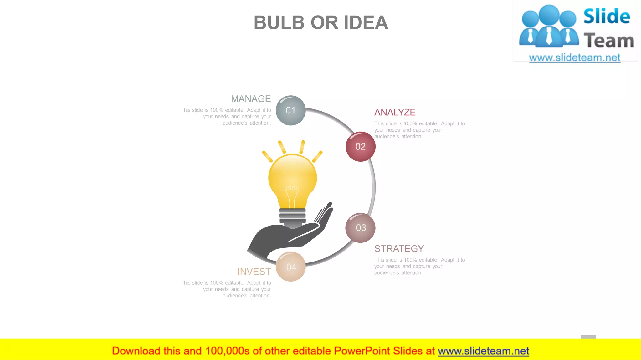 This slide is 100% editable. Adapt it to
your needs and capture your
audience's attention.
STRATEGY
This slide is 100% editable. Adapt it to
your needs and capture your
audience's attention.
ANALYZE
This slide is 100% editable. Adapt it to
your needs and capture your
audience's attention.
INVEST
This slide is 100% editable. Adapt it to
your needs and capture your
audience's attention.
MANAGE
01
02
03
04
BULB OR IDEA
50
 