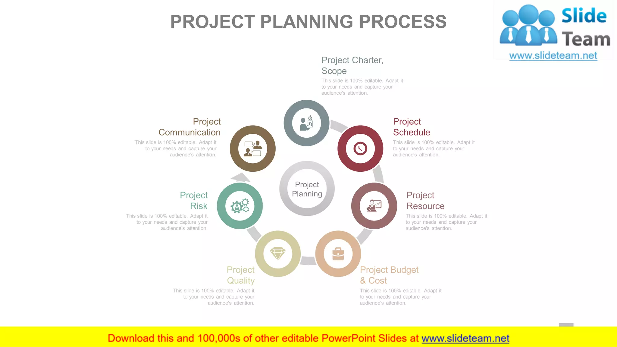 PROJECT PLANNING PROCESS
7
Project
Planning
Project Charter,
Scope
This slide is 100% editable. Adapt it
to your needs and capture your
audience's attention.
Project
Resource
This slide is 100% editable. Adapt it
to your needs and capture your
audience's attention.
Project Budget
& Cost
This slide is 100% editable. Adapt it
to your needs and capture your
audience's attention.
Project
Quality
This slide is 100% editable. Adapt it
to your needs and capture your
audience's attention.
Project
Risk
This slide is 100% editable. Adapt it
to your needs and capture your
audience's attention.
Project
Schedule
This slide is 100% editable. Adapt it
to your needs and capture your
audience's attention.
Project
Communication
This slide is 100% editable. Adapt it
to your needs and capture your
audience's attention.
 