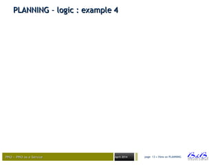 PMO – PMO as a ServicePMO – PMO as a Service April 2014
PLANNING – logic : example 4PLANNING – logic : example 4
page 13 • View on PLANNING
 