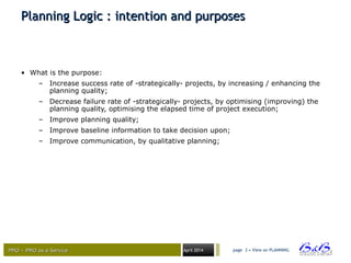 PMO – PMO as a ServicePMO – PMO as a Service April 2014
Planning Logic : intention and purposesPlanning Logic : intention and purposes
page 3 • View on PLANNING
• What is the purpose:
– Increase success rate of -strategically- projects, by increasing / enhancing the
planning quality;
– Decrease failure rate of -strategically- projects, by optimising (improving) the
planning quality, optimising the elapsed time of project execution;
– Improve planning quality;
– Improve baseline information to take decision upon;
– Improve communication, by qualitative planning;
 