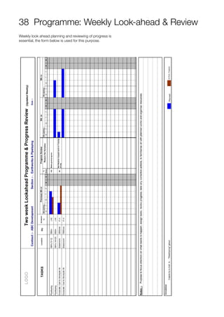 38 Programme: Weekly Look-ahead & Review
Weekly look ahead planning and reviewing of progress is
essential, the form below is used for this purpose.
 