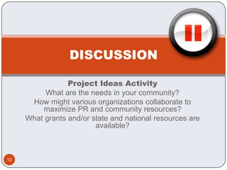 DISCUSSION12Project Ideas ActivityWhat are the needs in your community?How might various organizations collaborate to maximize PR and community resources?What grants and/or state and national resources are available? 