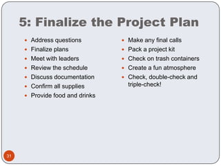 5: Finalize the Project PlanAddress questionsFinalize plansMeet with leadersReview the scheduleDiscuss documentationConfirm all suppliesProvide food and drinksMake any final callsPack a project kitCheck on trash containersCreate a fun atmosphereCheck, double-check and triple-check!31