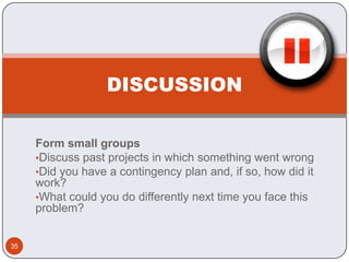 DISCUSSION35Form small groupsDiscuss past projects in which something went wrong