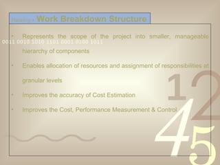 Represents the scope of the project into smaller, manageable hierarchy of components Enables allocation of resources and assignment of responsibilities at granular levels Improves the accuracy of Cost Estimation  Improves the Cost, Performance Measurement & Control Planning >   Work Breakdown Structure 
