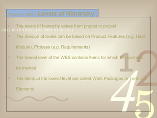 The levels of hierarchy varies from project to project The division of levels can be based on Product Features (e.g. User Module), Process (e.g. Requirements)  The lowest level of the WBS contains items for which the cost can be tracked The items at the lowest level are called Work Packages or Terminal Elements Planning > WBS >   Levels of Hierarchy 