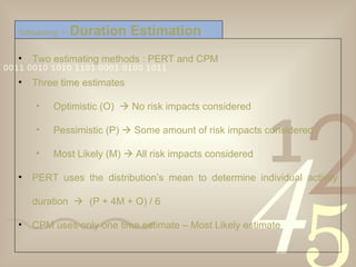 Two estimating methods : PERT and CPM  Three time estimates  Optimistic (O)    No risk impacts considered Pessimistic (P)    Some amount of risk impacts considered Most Likely (M)    All risk impacts considered PERT uses the distribution’s mean to determine individual activity duration   (P + 4M + O) / 6 CPM uses only one time estimate – Most Likely estimate Scheduling  >   Duration Estimation 