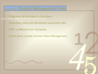 Integrates all the plans in one place Subsidiary plans are developed separately also PMP is different from Schedule Some plans include Earned Value Management PLANNING >   Project Management Plan 