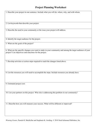 Project Planning Worksheet
1. Describe your project in one sentence. Include what you will do, where, why, and with whom.




2. List keywords that describe your project.


3. Describe the need in your community or the issue your project will address.



4. Identify the target audience for the project.

5. What are the goals of the project?


6. What are the specific changes you want to make in your community and among the target audience of your
project? List objectives and outcomes for the project.



7. Develop activities or action steps required to reach the changes listed above.




8. List the resources you will need to accomplish the steps. Include resources you already have.




9. Estimated project cost:



10. List your partners on this project. Who else is addressing this problem in our community?




11. Describe how you will measure your success. What will be different or improved?




Winning Grants, Pamela H. MacKellar and Stephanie K. Gerding. © 2010 Neal-Schuman Publishers, Inc.
 