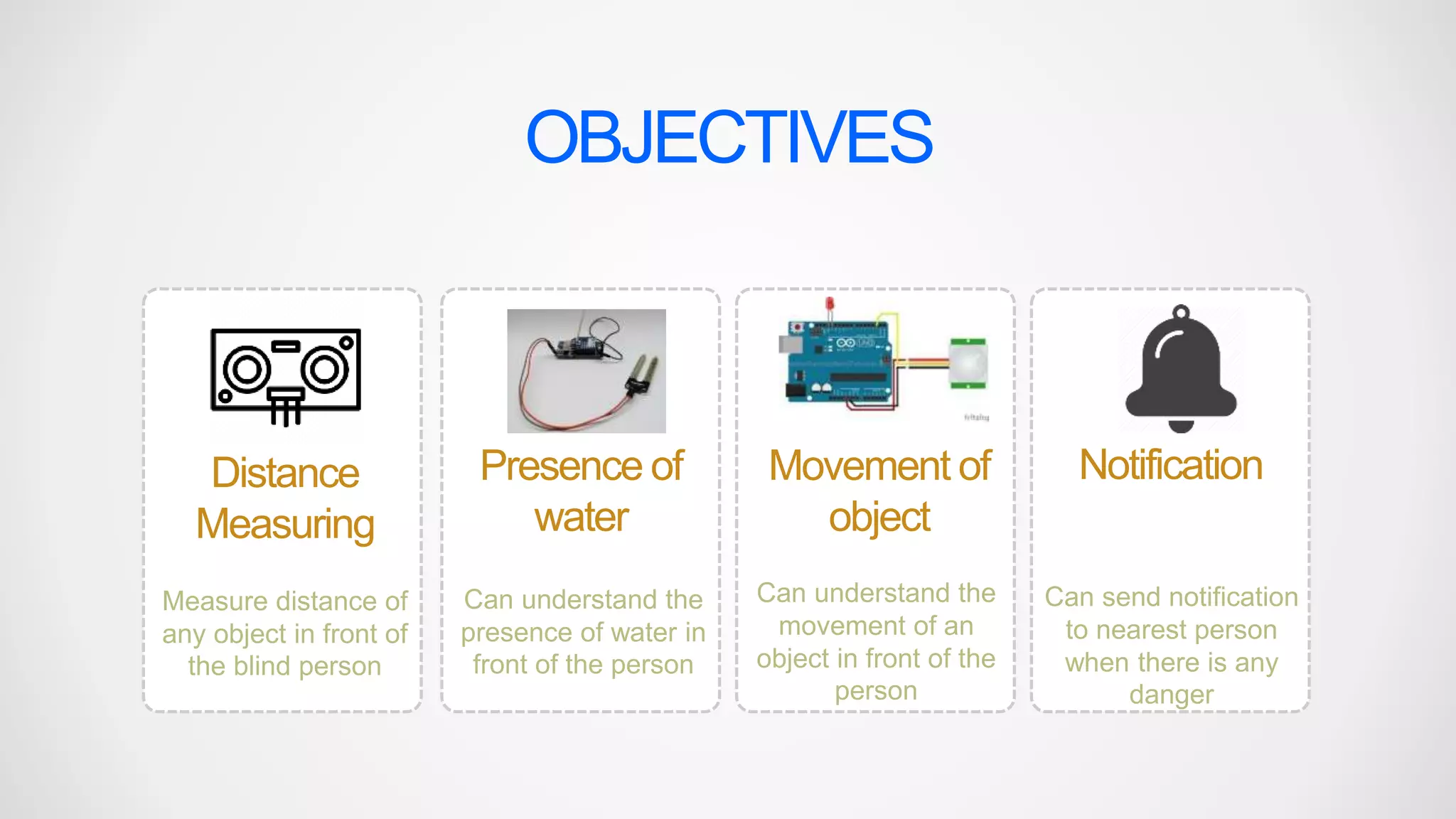 OBJECTIVES
Distance
Measuring
Measure distance of
any object in front of
the blind person
Presence of
water
Can understand the
presence of water in
front of the person
Movement of
object
Can understand the
movement of an
object in front of the
person
Notification
Can send notification
to nearest person
when there is any
danger
 