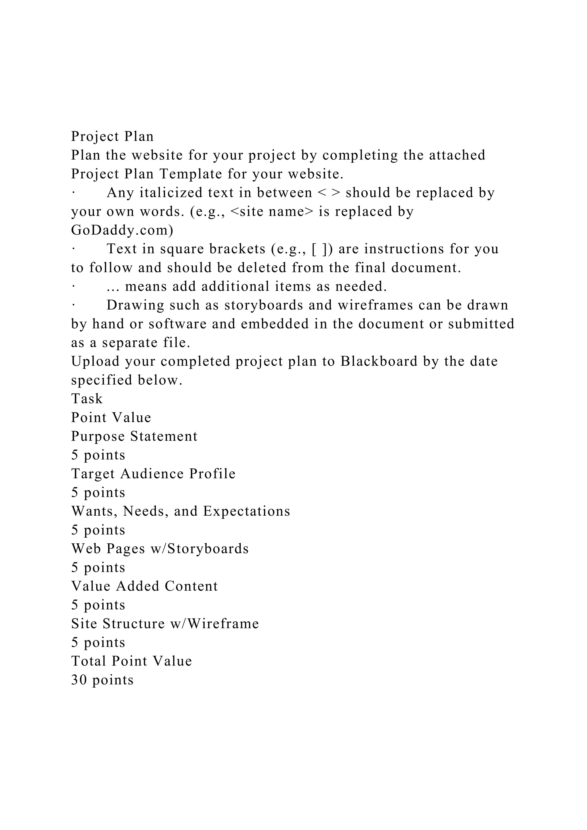 Project Plan
Plan the website for your project by completing the attached
Project Plan Template for your website.
· Any italicized text in between < > should be replaced by
your own words. (e.g., <site name> is replaced by
GoDaddy.com)
· Text in square brackets (e.g., [ ]) are instructions for you
to follow and should be deleted from the final document.
· ... means add additional items as needed.
· Drawing such as storyboards and wireframes can be drawn
by hand or software and embedded in the document or submitted
as a separate file.
Upload your completed project plan to Blackboard by the date
specified below.
Task
Point Value
Purpose Statement
5 points
Target Audience Profile
5 points
Wants, Needs, and Expectations
5 points
Web Pages w/Storyboards
5 points
Value Added Content
5 points
Site Structure w/Wireframe
5 points
Total Point Value
30 points
 