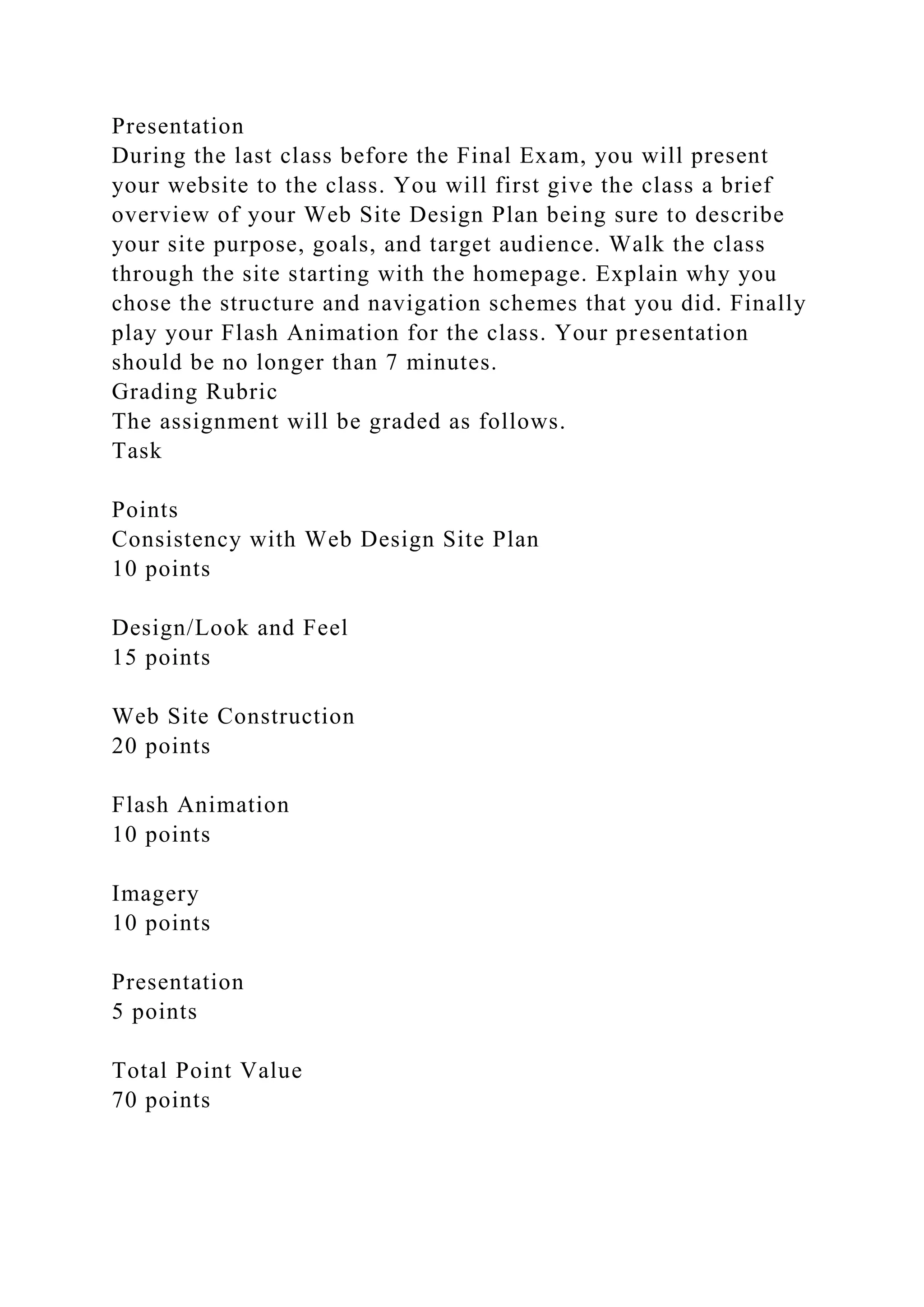 Presentation
During the last class before the Final Exam, you will present
your website to the class. You will first give the class a brief
overview of your Web Site Design Plan being sure to describe
your site purpose, goals, and target audience. Walk the class
through the site starting with the homepage. Explain why you
chose the structure and navigation schemes that you did. Finally
play your Flash Animation for the class. Your presentation
should be no longer than 7 minutes.
Grading Rubric
The assignment will be graded as follows.
Task
Points
Consistency with Web Design Site Plan
10 points
Design/Look and Feel
15 points
Web Site Construction
20 points
Flash Animation
10 points
Imagery
10 points
Presentation
5 points
Total Point Value
70 points
 