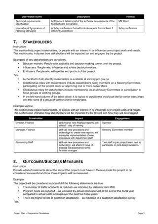 Deliverable Name                                         Description                                      Format
 Technical requirements                 A document detailing all of the technical requirements of the     MS Word
 specification                          final software deliverable
 International Symposium of             A 3-day conference that will include experts from at least 5      3-day conference
 Planning Managers                      different jurisdictions



7.       STAKEHOLDERS
Instruction:
This section lists project stakeholders, or people with an interest in or influence over project work and results.
This section also indicates how stakeholders will be impacted on and engaged by the project.

Examples of key stakeholders are as follows:
      Decision-makers: People with authority and decision-making power over the project.
      Influencers: People who influence and advise decision-makers.
      End users: People who will use the end product of the project.
Tips:
      A checklist to help identify stakeholders is available at www.qnpm.gov.qa.
      Collaborative roles with stakeholders include stakeholders being members on a Steering Committee,
      participating on the project team, or approving one or more deliverables.
      Consultative roles for stakeholders include membership on an Advisory Committee or participation in
      focus groups or working groups.
      In the left-hand column of the table below, it is typical to provide the individual title for senior executives
      and the name of a group of staff or unit for employees.

Example section:
This section lists project stakeholders, or people with an interest in or influence over project work and results.
This section also indicates how stakeholders will be impacted by the project and how they will be engaged.

               Stakeholder                                     Impact                                   Engagement
 Director, Finance                             Will receive new financial reports; will   Sponsor
                                               attend 1 day of training
 Manager, Finance                              Will use new processes and                 Steering Committee member
                                               technology to create new reports; will
                                               supervise implementation of new
                                               processes with department staff
 Accounting Staff                              Will use new processes and                 Two staff to join project team; rest to
                                               technology; will attend 3 days of          participate in joint design sessions
                                               training; will experience some
                                               facilities changes



8.       OUTCOMES/SUCCESS MEASURES
Instruction:
Provide a list of statements about the impact the project must have on those outside the project to be
considered successful and how those impacts will be measured.

Example:
The project will be considered successful if the following statements are true:
        The number of traffic accidents is reduced--as indicated by statistics from MOI.
        Program costs are reduced -- as indicated by actual costs accrued at the end of this fiscal year
        compared to actual costs accrued over the past five fiscal years.
        There are higher levels of customer satisfaction -- as indicated in a customer satisfaction survey.
Tips:



Project Plan – Preparation Guidelines                                                                                        Page 3
 