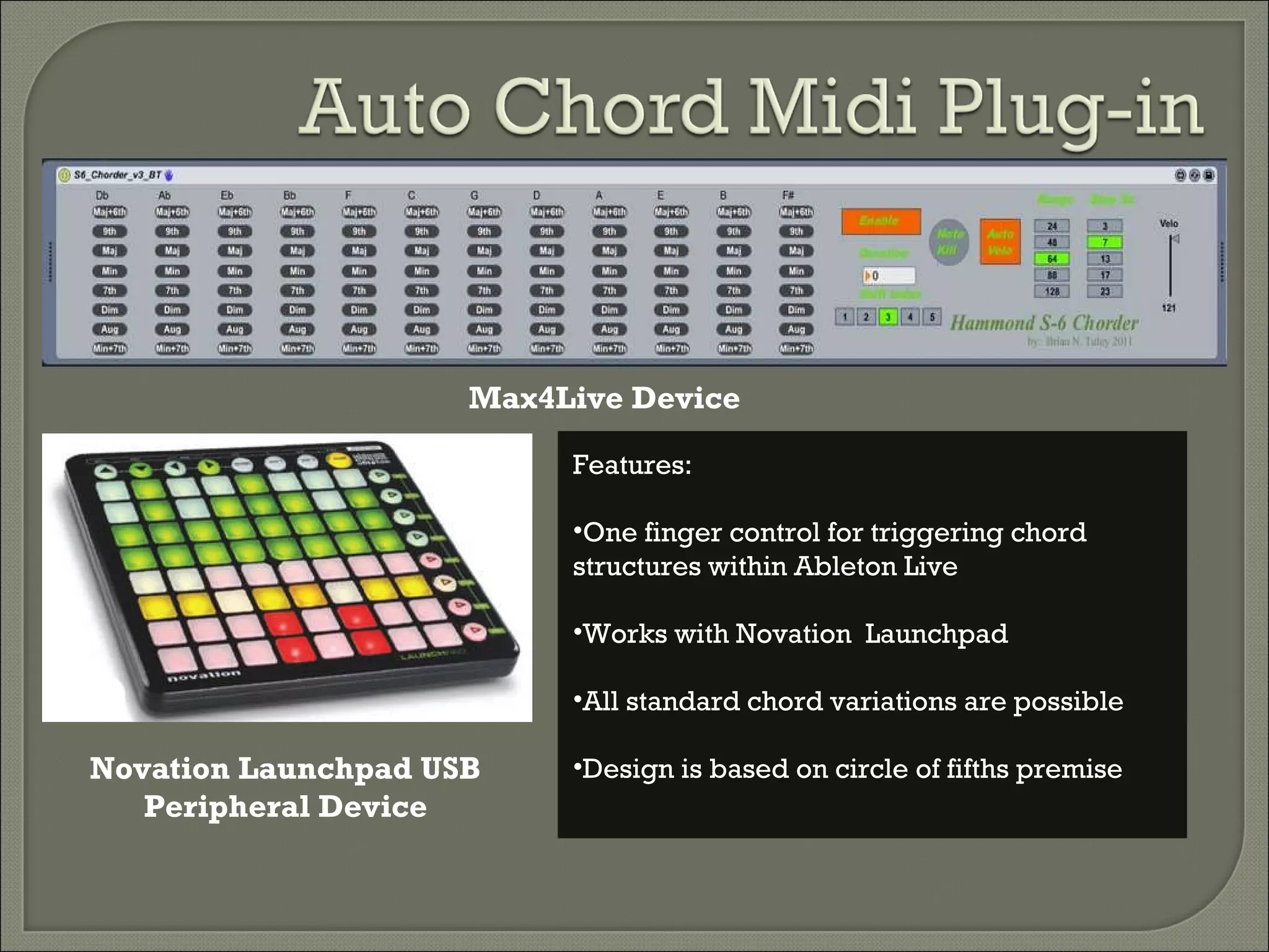 Novation Launchpad USB Peripheral Device Max4Live Device Features: One finger control for triggering chord structures within Ableton Live Works with Novation  Launchpad All standard chord variations are possible Design is based on circle of fifths premise 
