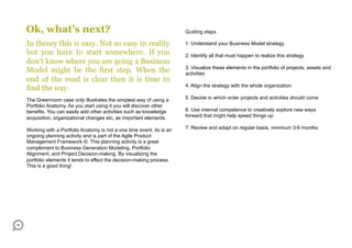 Ok, what’s next?                                                      Guiding steps

In theory this is easy. Not so easy in reality                        1. Understand your Business Model strategy
but you have to start somewhere. If you                               2. Identify all that must happen to realize this strategy
don’t know where you are going a Business
                                                                      3. Visualize these elements in the portfolio of projects, assets and
Model might be the first step. When the                               activities
end of the road is clear then it is time to
                                                                      4. Align the strategy with the whole organization
find the way.
The Greenroom case only illustrates the simplest way of using a       5. Decide in which order projects and activities should come
Portfolio Anatomy. As you start using it you will discover other
benefits. You can easily add other activities such as knowledge       6. Use internal competence to creatively explore new ways
acquisition, organizational changes etc, as important elements.       forward that might help speed things up

Working with a Portfolio Anatomy is not a one time event, its is an   7. Review and adapt on regular basis, minimum 3-6 months
ongoing planning activity and is part of the Agile Product
Management Framework ©. This planning activity is a great
complement to Business Generation Modeling, Portfolio
Alignment, and Project Decision-making. By visualizing the
portfolio elements it tends to effect the decision-making process.
This is a good thing!
 