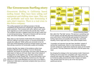 The Greenroom Surfing story
Greenroom Surfing is California based
surfing brand. They have been selling surf
equipment and clothing since 1990. They are
not profitable and soon face downsizing if
sales don’t improve. There is a real crisis in
this fictive company.
The surfing equipment and clothing business is fiercely
competitive and all brands are competing for approximately the
same customers. That is anyone who surfs, wants to surf, wants
to be regarded as a surfer and those who just like their T-shirts.
The company has seen a negative trend over the last 5 years and                                                  Current Business Model
is now facing downsizing. The board of directors still has one last    Ben calls it the “Flip Side” service. This service is something new
hope. One of the employees, Ben, has an idea.                          for the industry and will help help boost Greenrooms brand as a
                                                                       pure surfer brand. Surfers will also get exposed to Greenroom
Bens’ idea is a new business model where the company should            Surfing retail stores and possibly buy things they need while
shift from selling to just about anyone, to focusing exclusively on    traveling. Some might even buy a new custom shaped board.
people who really surf. While surfers are not known to be rich,
since they travel frequently and tend to prioritize waves over work,   A possible cost reduction has also been identified. Instead of
they will pay a premium for functionality, quality and durability.     owning their warehouses, there is a new business utilizing a
                                                                       dynamic warehouse model where warehouse space can be rented
Another idea Ben has relates to the problems surfers have              as a service. This way Greenroom only has to rent the space they
bringing surfboards when travelling. It can be ridiculously            need.
expensive, the boards can get broken and every other traveler you
meet seams to hate you (it’s true!). Bens’ idea is that instead of     By changing the strategy to this new business model, Greenroom
bringing them on the airplane, you ship them using a service           Surfing can move away from competition with mass produced
provided by the Green People Club. You bring the boards to your        products with super low margins. Instead they will focus on only
closest Greenroom Surfing retail store where you live, they will       on functional quality products where their margins are higher.
ship them to your travel destination and you pick it up at either a    They will also lower the cost by use of the new dynamic
Greenroom retail store or partnered company when you arrive at         warehouse service.
your destination.
 