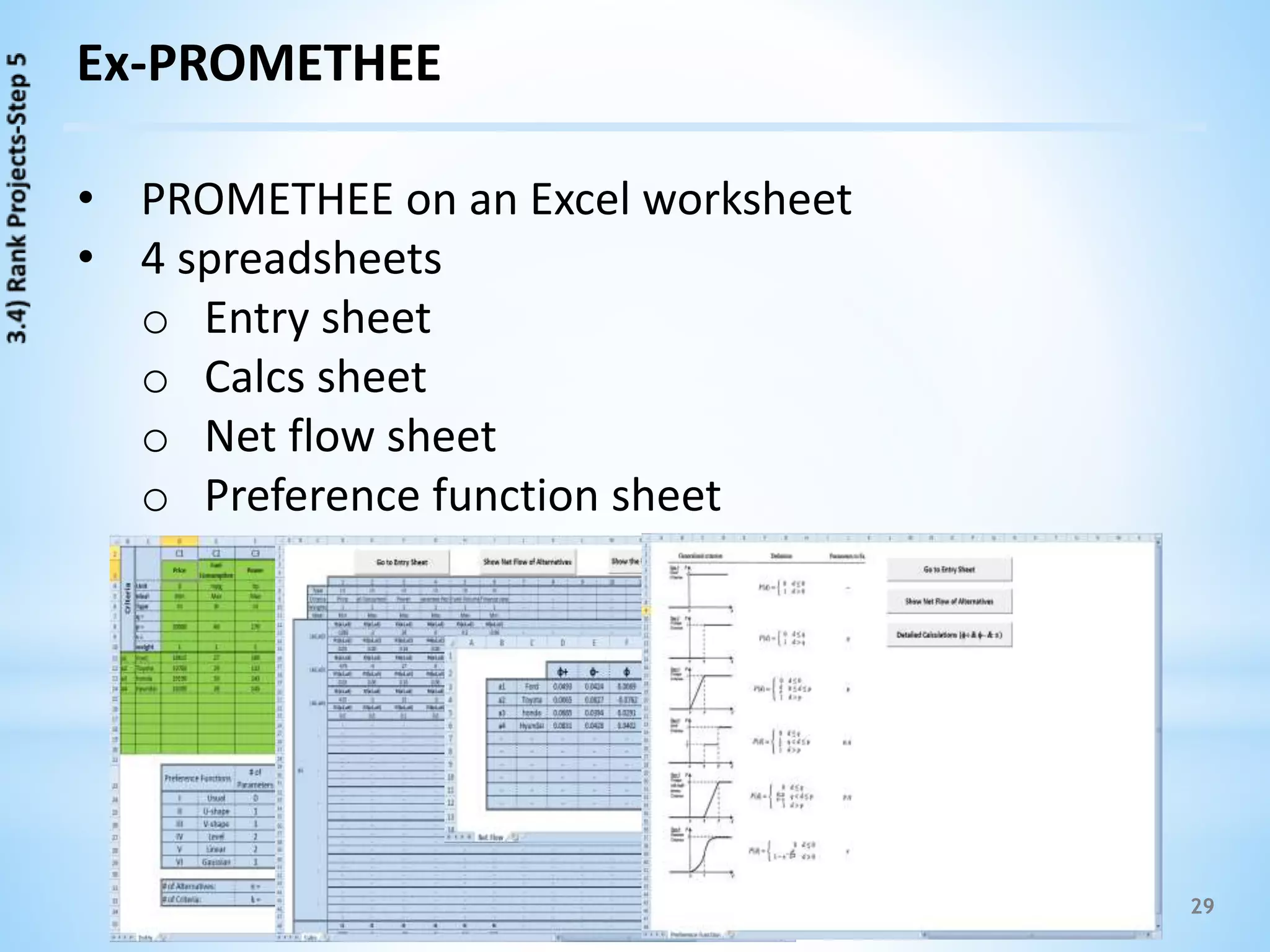 29
Ex-PROMETHEE
• PROMETHEE on an Excel worksheet
• 4 spreadsheets
o Entry sheet
o Calcs sheet
o Net flow sheet
o Preference function sheet
 