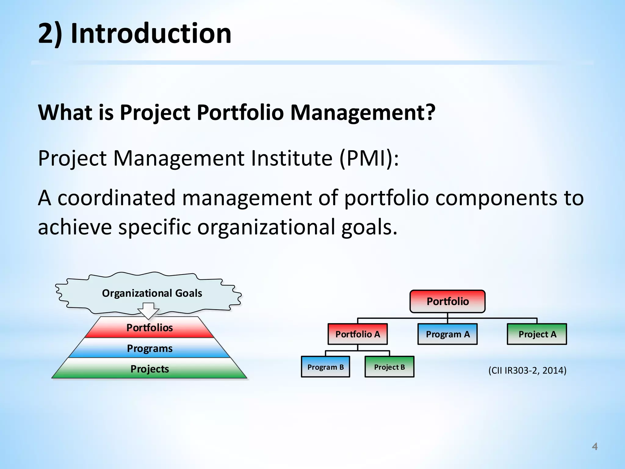 2) Introduction
Project Management Institute (PMI):
A coordinated management of portfolio components to
achieve specific organizational goals.
Portfolio
Project AProgram APortfolio A
Project BProgram B (CII IR303-2, 2014)
4
Portfolios
Programs
Projects
Organizational Goals
What is Project Portfolio Management?
 