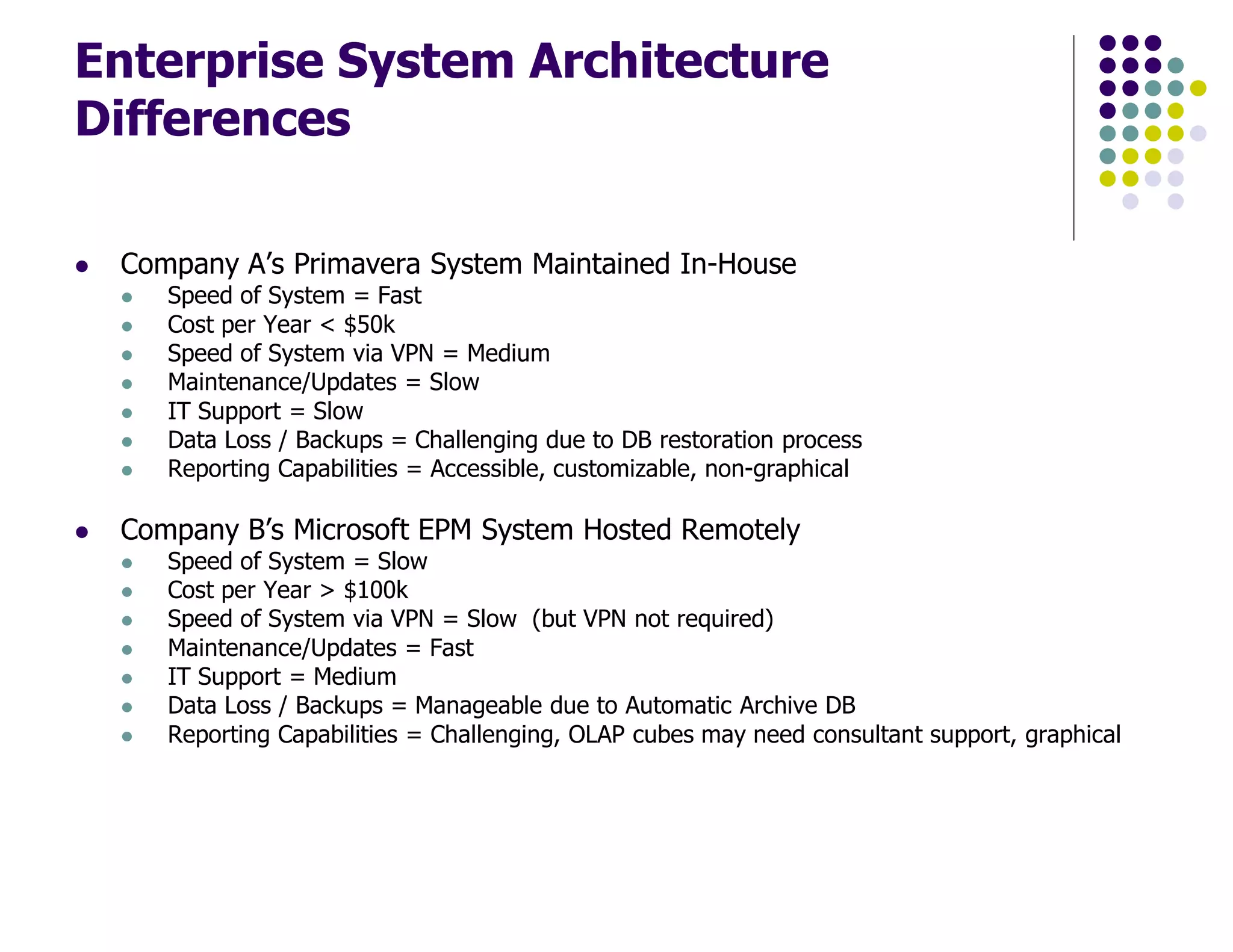 Enterprise System Architecture
Differences
Company A’s Primavera System Maintained In-House
Speed of System = Fast
Cost per Year < $50k
Speed of System via VPN = Medium
Maintenance/Updates = Slow
IT Support = Slow
Data Loss / Backups = Challenging due to DB restoration process
Reporting Capabilities = Accessible, customizable, non-graphical
Company B’s Microsoft EPM System Hosted Remotely
Speed of System = Slow
Cost per Year > $100k
Speed of System via VPN = Slow (but VPN not required)
Maintenance/Updates = Fast
IT Support = Medium
Data Loss / Backups = Manageable due to Automatic Archive DB
Reporting Capabilities = Challenging, OLAP cubes may need consultant support, graphical
 