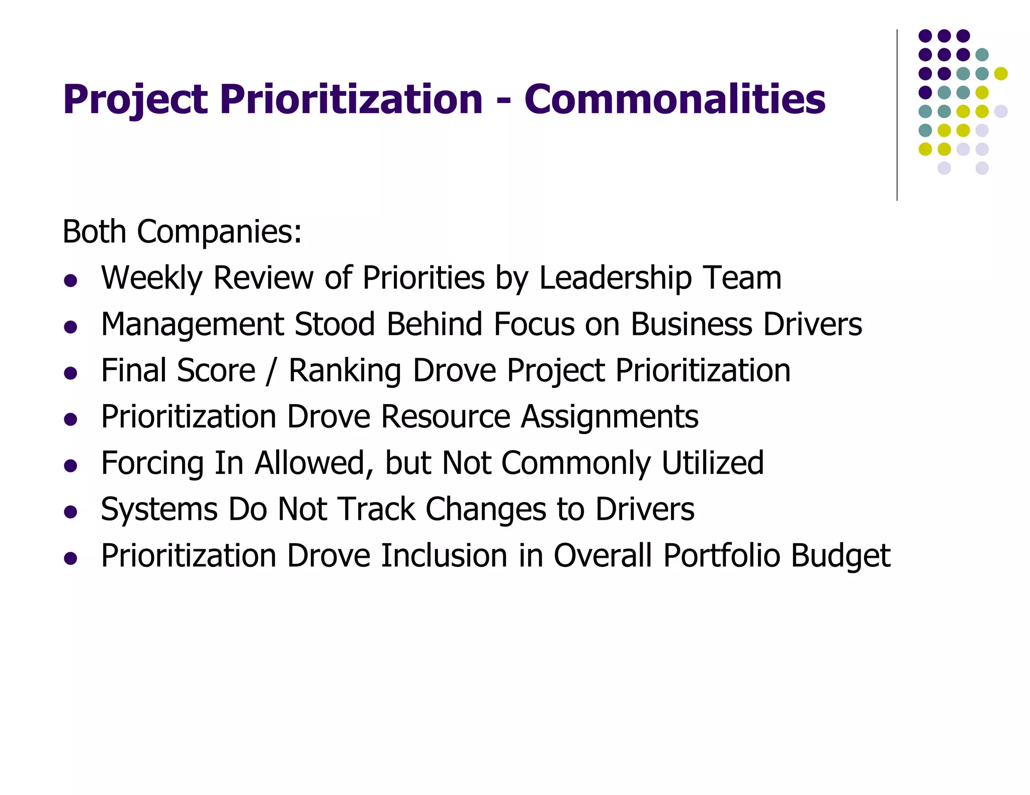 Project Prioritization - Commonalities
Both Companies:
Weekly Review of Priorities by Leadership Team
Management Stood Behind Focus on Business Drivers
Final Score / Ranking Drove Project Prioritization
Prioritization Drove Resource Assignments
Forcing In Allowed, but Not Commonly Utilized
Systems Do Not Track Changes to Drivers
Prioritization Drove Inclusion in Overall Portfolio Budget
 