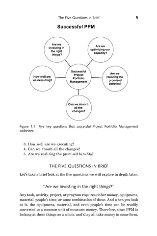 The Five Questions in Brief                      5




Figure 1.1   Five key questions that successful Project Portfolio Management
addresses.



  3. How well are we executing?
  4. Can we absorb all the changes?
  5. Are we realizing the promised beneﬁts?


                   THE FIVE QUESTIONS IN BRIEF
Let’s take a brief look at the ﬁve questions we will explore in depth later.


               ‘‘Are we investing in the right things?’’
Any task, activity, project, or program requires either money, equipment,
material, people’s time, or some combination of these. And when you look
at it, the equipment, material, and even people’s time can be readily
converted to a common unit of measure: money. Therefore, since PPM is
looking at these things as a whole, and they all take money in some form,
 