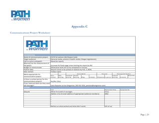 Appendix B
Communications Project Calendar Shell




         Instructions: Start at the bottom of this sheet by filling in the communication event information and work backwards. Using the Month/Week of
         column on the left can allow you to track out all of the communication events for the next year.
         Month / Week of:                      Task                            Message               Date                              Notes
                                               Initial meeting                 N/A                   8-weeks out        Steps 1-5
                                               Internal process begins         Being formed          7-weeks out        Steps 6-9
                                               Final review and approval       Finalized             6-weeks out        Steps 10-11




                                                This space can be used to
                                             adjust for urgency, formality,
                                                  frequency, etc. of the
                                                 communication event.
                                             Preparing to alert media and
                                               partners about the Annual
                                               Report Card will take more
                                             time than posting the reward
                                                 of a new grant on your
                                                     Facebook page.




                                            Communication event               Finalized message   0-weeks out




                                                                                                                                                         Page | 23
 
