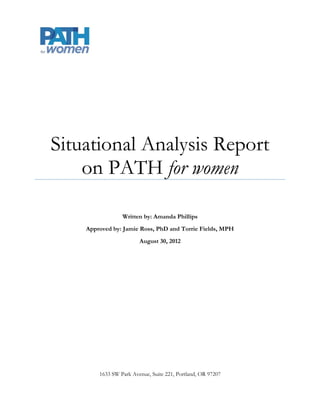 Table of Contents
Table of Contents ................................................................................................................................................................ i

Situational Analysis ............................................................................................................................................................. 1

    Organizational Background .......................................................................................................................................... 1

    Purpose and Scope of the Situational Analysis.......................................................................................................... 2

    Situational Analysis Process .......................................................................................................................................... 2

    External Analysis ............................................................................................................................................................ 3

        Oregon......................................................................................................................................................................... 3

        National ....................................................................................................................................................................... 5

        Stakeholder Analysis.................................................................................................................................................. 7

        Potential Collaborators/Strategic Partners ............................................................................................................ 7

    Internal Analysis ............................................................................................................................................................. 9

        People .......................................................................................................................................................................... 9

        Financial Outlook ...................................................................................................................................................... 9

        Competencies ........................................................................................................................................................... 10

        Organizational Culture, Structure, and Oversight .............................................................................................. 11

        Marketing Capacity and Technology .................................................................................................................... 11

        Present Strategy ........................................................................................................................................................ 12

        Performance ............................................................................................................................................................. 12

    SWOT Analysis ............................................................................................................................................................ 14

    Organizational Challenges .......................................................................................................................................... 15

    Solutions/Alternative Strategies ................................................................................................................................ 16

Bibliography ....................................................................................................................................................................... 17

Appendix A ........................................................................................................................................................................ 19

    Organizational Framework ......................................................................................................................................... 19



                                                                                                                                                                             Page | i
 