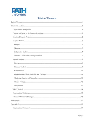 Appendix B ........................................................................................................................................................................ 20

    Strategic Planning Process Map and Worksheets ................................................................................................... 20

Appendix C ........................................................................................................................................................................ 25

    Potential Collaborators/Strategic Partners Organizational Descriptions ........................................................... 25

        Local........................................................................................................................................................................... 25

        Regional and National ............................................................................................................................................. 26

Appendix C ........................................................................................................................................................................ 30

    Anticipated Program Operating Budget ................................................................................................................... 30

Appendix D ....................................................................................................................................................................... 31

    PATH for women Business Model/Process Map .................................................................................................. 31




                                                                                                                                                                            Page | ii
 