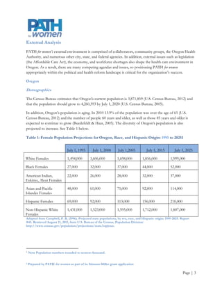 Figure 1 illustrates the overall age distribution of Oregon women in 2009, 2010, and 2011. The majority of
women in Oregon are over the age of 65 and this ratio is expected to grow as the overall population ages.
Nevertheless, the next largest category is women who are of childbearing age (15—44 years). These statistics
stress that new programs Oregon and organizations such as PATH for women will need to support the
development of new programs to meet the needs of women who are past their reproductive years.

Figure 1: Female Population in Oregon 2009-2011


                                 16%
   65+                          15%
                                15%

                                                  27%
 45-65                                            27%
                                                  27%                                      Female Population 2011
                                                                                           Female Population 2010
                                                                   39%
 15-44                                                             39%                     Female Population 2009
                                                                    40%

                                     18%
  0-15                                18%
                                      19%

      0.00%         10.00%        20.00%         30.00%        40.00%        50.00%

Source: Portland State University Population Research Center. 2009-2012 Annual Oregon Population Reports. Retrieved
from http://www.pdx.edu/prc/annual-oregon-population-report. See bibliography for full citation.

Economic Environment

               Oregon's median income from 2006-2010 was $49,260, but 14.1% of Oregonians were
                beneath the federal poverty level during this time (U.S. Census Bureau, 2012)

               Economic conditions are expected to continue to improve, but the overall pace of
                improvement is slower than previously anticipated. In addition, the level of improvement
                differs by community, with rural communities showing the least amount of economic
                improvement.

               Job recovery will be ongoing until 2014 (State of Oregon, Department of Administrative
                Services, Office of Economic Analysis, 2012)

               Revenue growth will be slower and, “…will face considerable downward pressure over the
                10-year extended forecast horizon” (Office of Economic Analysis, 2012)




                                                                                                             Page | 4
 