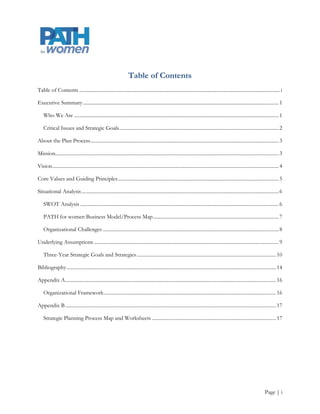 Table of Contents
Table of Contents ................................................................................................................................................................ i

Executive Summary ............................................................................................................................................................ 1

    Who We Are ................................................................................................................................................................... 1

    Critical Issues and Strategic Goals ............................................................................................................................... 2

About the Plan Process ...................................................................................................................................................... 3

Mission.................................................................................................................................................................................. 3

Vision .................................................................................................................................................................................... 4

Core Values and Guiding Principles ................................................................................................................................ 5

Situational Analysis ............................................................................................................................................................. 6

    SWOT Analysis .............................................................................................................................................................. 6

    PATH for women Business Model/Process Map .................................................................................................... 7

    Organizational Challenges ............................................................................................................................................ 8

Underlying Assumptions ................................................................................................................................................... 9

    Three-Year Strategic Goals and Strategies ............................................................................................................... 10

Bibliography ....................................................................................................................................................................... 14

Appendix A ........................................................................................................................................................................ 16

    Organizational Framework ......................................................................................................................................... 16

Appendix B ........................................................................................................................................................................ 17

    Strategic Planning Process Map and Worksheets ................................................................................................... 17




                                                                                                                                                                               Page | i
 