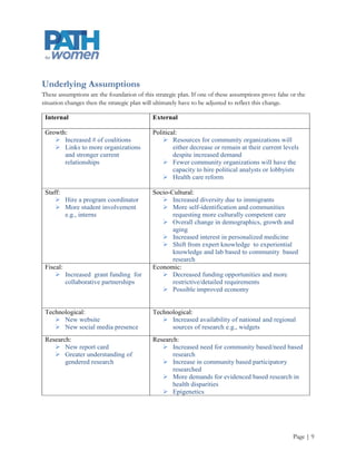Underlying Assumptions
These assumptions are the foundation of this strategic plan. If one of these assumptions prove false or the
situation changes then the strategic plan will ultimately have to be adjusted to reflect this change.

 Internal                                    External

 Growth:                                     Political:
     Increased # of coalitions                   Resources for community organizations will
     Links to more organizations                    either decrease or remain at their current levels
       and stronger current                          despite increased demand
       relationships                              Fewer community organizations will have the
                                                     capacity to hire political analysts or lobbyists
                                                  Health care reform

 Staff:                                      Socio-Cultural:
      Hire a program coordinator                Increased diversity due to immigrants
      More student involvement                  More self-identification and communities
        e.g., interns                               requesting more culturally competent care
                                                 Overall change in demographics, growth and
                                                    aging
                                                 Increased interest in personalized medicine
                                                 Shift from expert knowledge to experiential
                                                    knowledge and lab based to community based
                                                    research
 Fiscal:                                     Economic:
      Increased grant funding for               Decreased funding opportunities and more
         collaborative partnerships                 restrictive/detailed requirements
                                                 Possible improved economy


 Technological:                              Technological:
     New website                                Increased availability of national and regional
     New social media presence                    sources of research e.g., widgets
 Research:                                   Research:
     New report card                            Increased need for community based/need based
     Greater understanding of                      research
        gendered research                        Increase in community based participatory
                                                    researched
                                                 More demands for evidenced based research in
                                                    health disparities
                                                 Epigenetics




                                                                                                      Page | 9
 