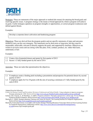 Strategies: These are statements of the major approach or method (the means) for attaining the broad goals and
resolving specific issues. A program strategy is the means or broad approach by which a program will achieve
its goals. Useful strategies capitalize on program strengths or opportunities, or correct program weaknesses and
defend against threats.

Examples:

      Develop a corporate donor cultivation and fundraising program


Objectives: These are derived from the program goal(s) and are specific statements of steps and outcomes
needed to carry out the core strategies. The statements can be short-term or long-term, but they must be
measurable, achievable, relevant (it directly supports the goal), and supported by timelines. Objectives are
written in an active tense and use strong verbs like plan, write, conduct, produce, etc. rather than learn,
understand, or feel.

Examples:

1.1 Create a list of potential donors and grants by first quarter of 2013
1.2 Secure 1-2 fully funded grants by the end of 2014


Activities: These are tasks that operationalize the objectives.

Examples:

1.1 X employee create a funding pitch including a presentation and prospectus for potential donors by second
    quarter of 2013
1.2 Y employee apply for 8 to 10 grants with the aim of securing a minimum of 1 fully funded grant by the
    end of 2014



Adapted from the following:
Centers for Disease Control and Prevention, Division of Adolescent and School Health. Using evaluation to improve programs:
     Strategic planning kit. (200). Retrieved from http://www.cdc.gov/HealthyYouth/evaluation/pdf/sp_kit/sp_toolkit.pdf
Gelmon, S.B., Foucek, A., & Waterbury, A. (2005). Program evaluation: Principles and practices, 2nd ed. (pp. 10-12). Portland:
     Northwest Health Foundation. Retrieved from http://nwhf.org/images/files/NWHF_Program_Eval_Handbook.pdf.
Martinelli, F. (2004). Strategic planning: Charting your course for success. The Learning Institute for Nonprofit Organizations.
     Retrieved from http://www.nonprofitcourses.org/li/samples/guide.pdf
Martinelli, Frank (Interviewee). (n.d.) Q&A with Faculty Strategic Planning [Broadcast Transcript]. Retrieved from Learning Institute
     for Nonprofit Organizations collaboration website: http://www.uwex.edu/ces/cced/nonprofits/management/q-
     a1.cfmitcourses.org/li/samples/guide.pdf


                                                                                                                           Page | 23
 