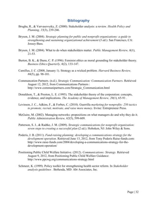 Bibliography
Brugha, R., & Varvasovszky, Z. (2000). Stakeholder analysis: a review. Health Policy and
      Planning, 15(3), 239-246.

Bryson, J. M. (2004). Strategic planning for public and nonprofit organizations: a guide to
      strengthening and sustaining organizational achievement (3 ed.). San Francisco, CA:
      Jossey-Bass.

Bryson, J. M. (2004). What to do when stakeholders matter. Public Management Review, 6(1),
      21-53.

Burton, B. K., & Dunn, C. P. (1996). Feminist ethics as moral grounding for stakeholder theory.
       Business Ethics Quarterly, 6(2), 133-147.

Camillus, J. C. (2008, January 1). Strategy as a wicked problem. Harvard Business Review,
       86(5), pp. 98-101.

Communcation Partners. (n.d.). Strategic Communication: Communication Partners. Retrieved
     August 12, 2012, from Communications Partners :
     http://www.communipartners.com/Strategic_Communication.html

Donaldson, T., & Preston, L. E. (1995). The stakeholder theory of the corporation: concepts,
      evidence, and implications. The Academy of Management Review, 20(1), 65-91 .

Levinson, J. C., Adkins, F., & Forbes, C. (2010). Guerrilla marketing for nonprofits: 250 tactics
       to promote, recruit, motivate, and raise more money. Irvine: Entrepreneur Press.

McGuire, M. (2002). Managing networks: propositions on what managers do and why they do it.
     Public Administration Review, 62(5), 599-609.

Patterson, S. J., & Radtke, J. M. (2009). Strategic communications for nonprofit organization:
        seven steps to creating a successful plan (2 ed.). Hoboken, NJ: John Wiley & Sons.

Poderis, J. B. (2011). Fund-raising planning: developing a communications strategy for the
       development operation. Retrieved June 13, 2012, from Tony Poderis Raise-funds.com:
       http://www.raise-funds.com/2004/developing-a-communications-strategy-for-the-
       development-operation/

Positioning Public Child Welfare Initiative. (2012). Communications: Strategy. Retrieved
       August 9, 2012, from Positioning Public Child Welfare Guidance:
       http://www.ppcwg.org/communications-strategy.html

Schmeer, K. (1999). Policy toolkit for strengthening health sector reform. In Stakeholder
      analysis guidelines . Bethesda, MD: Abt Associates, Inc.




                                                                                         Page | 31
 