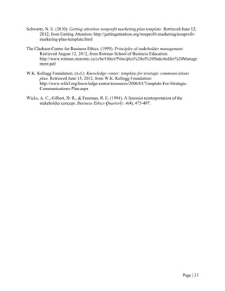 Schwartz, N. E. (2010). Getting attention nonprofit marketing plan template. Retrieved June 12,
      2012, from Getting Attention: http://gettingattention.org/nonprofit-marketing/nonprofit-
      marketing-plan-template.html

The Clarkson Centre for Business Ethics. (1999). Principles of stakeholder management.
       Retrieved August 12, 2012, from Rotman School of Business Education:
       http://www.rotman.utoronto.ca/ccbe/Other/Principles%20of%20Stakeholder%20Manage
       ment.pdf

W.K. Kellogg Foundation. (n.d.). Knowledge center: template for strategic communications
      plan. Retrieved June 13, 2012, from W.K. Kellogg Foundation:
      http://www.wkkf.org/knowledge-center/resources/2006/01/Template-For-Strategic-
      Communications-Plan.aspx

Wicks, A. C., Gilbert, D. R., & Freeman, R. E. (1994). A feminist reinterpretation of the
       stakeholder concept. Business Ethics Quarterly, 4(4), 475-497.




                                                                                            Page | 32
 