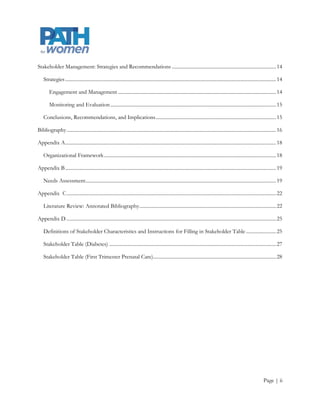 Stakeholder Management: Strategies and Recommendations ................................................................................... 14

    Strategies ........................................................................................................................................................................ 14

        Engagement and Management .............................................................................................................................. 14

        Monitoring and Evaluation .................................................................................................................................... 15

    Conclusions, Recommendations, and Implications ................................................................................................ 15

Bibliography ....................................................................................................................................................................... 16

Appendix A ........................................................................................................................................................................ 18

    Organizational Framework ......................................................................................................................................... 18

Appendix B ........................................................................................................................................................................ 19

    Needs Assessment........................................................................................................................................................ 19

Appendix C ....................................................................................................................................................................... 22

    Literature Review: Annotated Bibliography ............................................................................................................. 22

Appendix D ....................................................................................................................................................................... 25

    Definitions of Stakeholder Characteristics and Instructions for Filling in Stakeholder Table ........................ 25

    Stakeholder Table (Diabetes) ..................................................................................................................................... 27

    Stakeholder Table (First Trimester Prenatal Care).................................................................................................. 28




                                                                                                                                                                           Page | ii
 