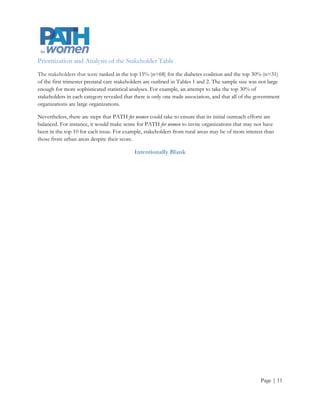 Prioritization and Analysis of the Stakeholder Table
The stakeholders that were ranked in the top 15% (n=68) for the diabetes coalition and the top 30% (n=31)
of the first trimester prenatal care stakeholders are outlined in Tables 1 and 2. The sample size was not large
enough for more sophisticated statistical analyses. For example, an attempt to take the top 30% of
stakeholders in each category revealed that there is only one trade association, and that all of the government
organizations are large organizations.

Nevertheless, there are steps that PATH for women could take to ensure that its initial outreach efforts are
balanced. For instance, it would make sense for PATH for women to invite organizations that may not have
been in the top 10 for each issue. For example, stakeholders from rural areas may be of more interest than
those from urban areas despite their score.

                                            Intentionally Blank




                                                                                                      Page | 11
 