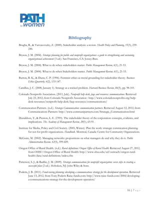 Bibliography
Brugha, R., & Varvasovszky, Z. (2000). Stakeholder analysis: a review. Health Policy and Planning, 15(3), 239-
        246.

Bryson, J. M. (2004). Strategic planning for public and nonprofit organizations: a guide to strengthening and sustaining
        organizational achievement (3 ed.). San Francisco, CA: Jossey-Bass.

Bryson, J. M. (2004). What to do when stakeholders matter. Public Management Review, 6(1), 21-53.

Bryson, J. M. (2004). What to do when Stakeholders matter. Public Management Review, 6(1), 21-53.

Burton, B. K., & Dunn, C. P. (1996). Feminist ethics as moral grounding for stakeholder theory. Business
        Ethics Quarterly, 6(2), 133-147.

Camillus, J. C. (2008, January 1). Strategy as a wicked problem. Harvard Business Review, 86(5), pp. 98-101.

Colorado Nonprofit Association. (2011, July). Nonprofit help desk, faqs and resources: communications. Retrieved
       July 23, 2012, from Colorado Nonprofit Association : http://www.coloradononprofits.org/help-
       desk-resources/nonprofit-help-desk/faqs-resources/communications/

Communcation Partners. (n.d.). Strategic Communication: communication partners. Retrieved August 12, 2012, from
     Communications Partners: http://www.communipartners.com/Strategic_Communication.html

Donaldson, T., & Preston, L. E. (1995). The stakeholder theory of the corporation: concepts, evidence, and
       implications. The Academy of Management Review, 20(1), 65-91 .

Institute for Media, Policy and Civil Society. (2005, Winter). Plan the work: strategic commication planning
         for not-for-profit organizations. Handbook. Montreal, Canada: Centre for Community Organizations.

McGuire, M. (2002). Managing networks: propositions on what managers do and why they do it. Public
      Administration Review, 62(5), 599-609.

Oregon Office of Rural Health. (n.d.). Rural definitions: Oregon Office of Rural Health. Retrieved August 27, 2012,
       from OHSU: Oregon Office of Rural Health: http://www.ohsu.edu/xd/outreach/oregon-rural-
       health/data/rural-definitions/index.cfm

Patterson, S. J., & Radtke, J. M. (2009). Strategic communications for nonprofit organization: seven steps to creating a
        successful plan (2 ed.). Hoboken, NJ: John Wiley & Sons.

Poderis, J. B. (2011). Fund-raising planning: developing a communications strategy for the development operation. Retrieved
         June 13, 2012, from Tony Poderis Raise-funds.com: http://www.raise-funds.com/2004/developing-
         a-communications-strategy-for-the-development-operation/


                                                                                                                    Page | 16
 