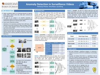 Anomaly Detection in Surveillance Videos
Aishwarya Phanse, Tariq Haque, Liya Zhang
Ø Video surveillance gains an increasing demand to improve
public safety, reduce crime rate, help catch criminals and
curb illegal activities.
Ø The goal of our project is to identify anomalies in
surveillance videos to enhance monitoring capabilities of law
enforcement agencies to improve public safety.
Ø Some recent researches include:
- Detection of 13 anomalous activities from 128 hours, 1900
long and untrimmed surveillance videos by Waqas Sultani et
al. using a deep Multiple Instance Learning ranking model
with Conv 3D and TCNN.
- Deploying AnomalyNet consisting of motion fusion block and
feature transfer block for anomaly detection using sparse
long short-term memory (SLSTM) by researchers Joey Tianyi
Zhou et al..
376 videos
The shape of the training data is
(376, 300, 128, 128, 1)
This indicates:
1. There are 376 videos.
2. Each video has 300 frames.
3. The dimension of each frame is
128x128 pixels.
4. Only 1 channel for each frame,
i.e., all videos are gray scale.
MODEL 4: Conv3D 3D CNN can capture both temporal and
spatial information and hence, are useful to build function to
model videos that have both temporal and spatial information.
In 3D convolution neural network, kernels are also 3
dimensional. Due to lack of memory the model may be
disadvantaged in learning a long sequence.
Layers (Type) Output Shape Number of
Parameters
ConvLSTM2D None, 300, 128,128,40 59,200
Batchnormalization None, 300, 128,128,40 160
ConvLSTM2D None, 300, 128,128,40 115,360
Batchnormalization None, 300, 128,128,40 160
ConvLSTM2D None, 300, 128,128,40 115,360
Batchnormalization None, 300, 128,128,40 160
Flatten None, 19660800 0
Dense None, 1 19,660,801
MODEL 1: CNN-LSTM combined CNN and LSTM layers where
Conv2D (Keras) layers learn features in frames of a video
followed by LSTM. To make sure that CNN is applied to each
image of a video and passed to LSTM as a single time step, CNN
layers are wrapped in a TimeDistributed Layer.
MODEL 2: ConvLSTM is a integration of CNN and LSTM where
instead of doing matrix multiplication, convolution operation is
conducted at each gate of a LSTM cell thereby, capturing the
underlying spatial features by convolution operations in
multiple-dimensional data.
MODEL 3: VGG-16 LSTM VGG-16 has 16 layers. We connected
the last layer of the VGG-16 network with LSTM, then a flatten
and output layer with sigmoid as activation function,
binary_crossentroy as loss function and adam as optimizer.
Ø We have achieved a significant progress in achieving a
maximum accuracy of 54.19 % in prediction of anomalous
videos.
Ø However, we believe that there is a significant need to
carry this research forward especially by changing model
architecture to improve prediction accuracy.
Ø In addition, of having used only 376 of the 1900 available
videos due to computational restrictions; we believe that
prediction can further improve if complete dataset is used.
DATA PROCESS
METHODOLOGY
RESULTS
CONCLUSION
Model Model Input Shape
Validation
Accuracy
CNN LSTM (376, 300, 128, 128, 1) 53.98%
ConvLSTM (376, 300, 128, 128, 1) 54.19%
VGG-16 LSTM (376, 300, 128, 128, 1) 53.98%
Conv3D (376, 300, 128, 128, 1) 53.98%
Ø We would also like to highlight that we
have sampled videos based on 300 frames
in the middle of video. While, this is a
regularly adopted method, other methods
for sampling should also be explored in
the pursuit of prediction accuracy.
 
