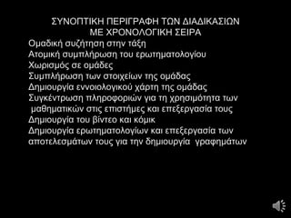 ΣΥΝΟΠΤΙΚΗ ΠΕΡΙΓΡΑΦΗ ΤΩΝ ΔΙΑΔΙΚΑΣΙΩΝ
ΜΕ ΧΡΟΝΟΛΟΓΙΚΗ ΣΕΙΡΑ
Ομαδική συζήτηση στην τάξη
Ατομική συμπλήρωση του ερωτηματολογίου
Χωρισμός σε ομάδες
Συμπλήρωση των στοιχείων της ομάδας
Δημιουργία εννοιολογικού χάρτη της ομάδας
Συγκέντρωση πληροφοριών για τη χρησιμότητα των
μαθηματικών στις επιστήμες και επεξεργασία τους
Δημιουργία του βίντεο και κόμικ
Δημιουργία ερωτηματολογίων και επεξεργασία των
αποτελεσμάτων τους για την δημιουργία γραφημάτων
 