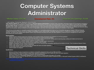Computer Systems
Administrator
• Median Salary- $75,790 Unemployment Rate- 2% Expected Job Openings- 30,200
• Job Listing- Computer Systems Administrator
THE CENTECH GROUP, Inc. (CENTECH®) is seeking a Windows Systems Administrator to provide Further Information Technology Support (FITS) services for all facets of
system administration and virtualization to support multiple mission requirements for the Air Force Technical Application Center (AFTAC)/ Mission Support (MS) task at Patrick
Air Force Base, Florida. The person in this position will work as part of a team that is responsible for providing system administration support through performance of server
installations and creation of virtual machines (VMs), administrative tasks in Active Directory and Directory Resource Administrator (DRA) such as creating user accounts, adding
users to security groups, adding workstations and servers to organization units (OUs), and create system backups and verification of data integrity.
They will also provide support of vulnerability assessments through use of vulnerability assessment tools such as Vulnerability Management System (VMS) and Assured
Compliance Assessment Solution (ACAS) and mitigate vulnerabilities via scan results through vulnerability reporting using U.S. Department of Defense (DoD) vulnerability
reporting. This person also supports data migration actions using Robocopy and assist with server and data migrations, as well as account management for internal, lab
environments and remote locations.
!Responsibilities:
• Perform complex Windows based issue resolution using accepted industry techniques and published U.S. Air Force guidance
• Interface with cross-functional teams and developers to support and resolve technical problems
• Perform administrative tasks in Active Directory and DRA such as creating user accounts, adding users to security groups, adding work stations and servers to
organization units (OUs), creating distribution groups, and creation of OUs
• Troubleshoot problems in dynamic complex system for support of multiple mission requirements
• Manage, build, and install complex Windows servers supporting 100’s of clients
• Mitigate vulnerabilities via scan results and familiarity with U.S. Air Force and DoD vulnerability reporting such as Notice to Airmen, Time Compliance Network Orders,
Mission Type Orders and Plan of Action & Milestones
• Perform data migration actions using Robocopy and assist with server and data migrations
• Provide status reports and support documentation
• Special projects, as assigned
!Qualifications:
• Minimum of three (3) years of experience as related to vulnerability assessment tools, such as VMS and ACAS
• Demonstrated skills in technical areas to support data migrations using Robocopy and to assist with server and data migrations	
• Ability to analyze information or reports for compliance with policies/guidance	
• Must have a minimum of Top Secret Clearance with valid Sensitive Compartmented Information (SCI) access	
• Must possess both security (e.g. Security+ce) and computer environment Microsoft Certified Professional (MCP) or Microsoft Certified Engineer (MSCE) certifications
before performing any work
source <https://careers-centech.icims.com/jobs/1930/systems-administrator-%28windows%29/job?mode=job&iis=Job+Board+-
+Indeed&iisn=Indeed.com
Technical Skills
 